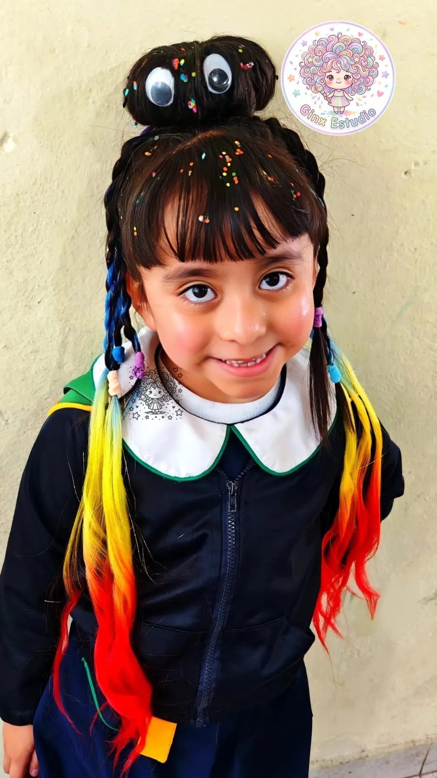 Niña con trenzas de colores y peinado con ojitos