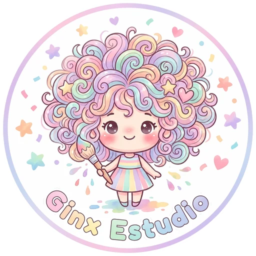 La niña de Ginx Estudio, con rizos arcoíris y un pincel